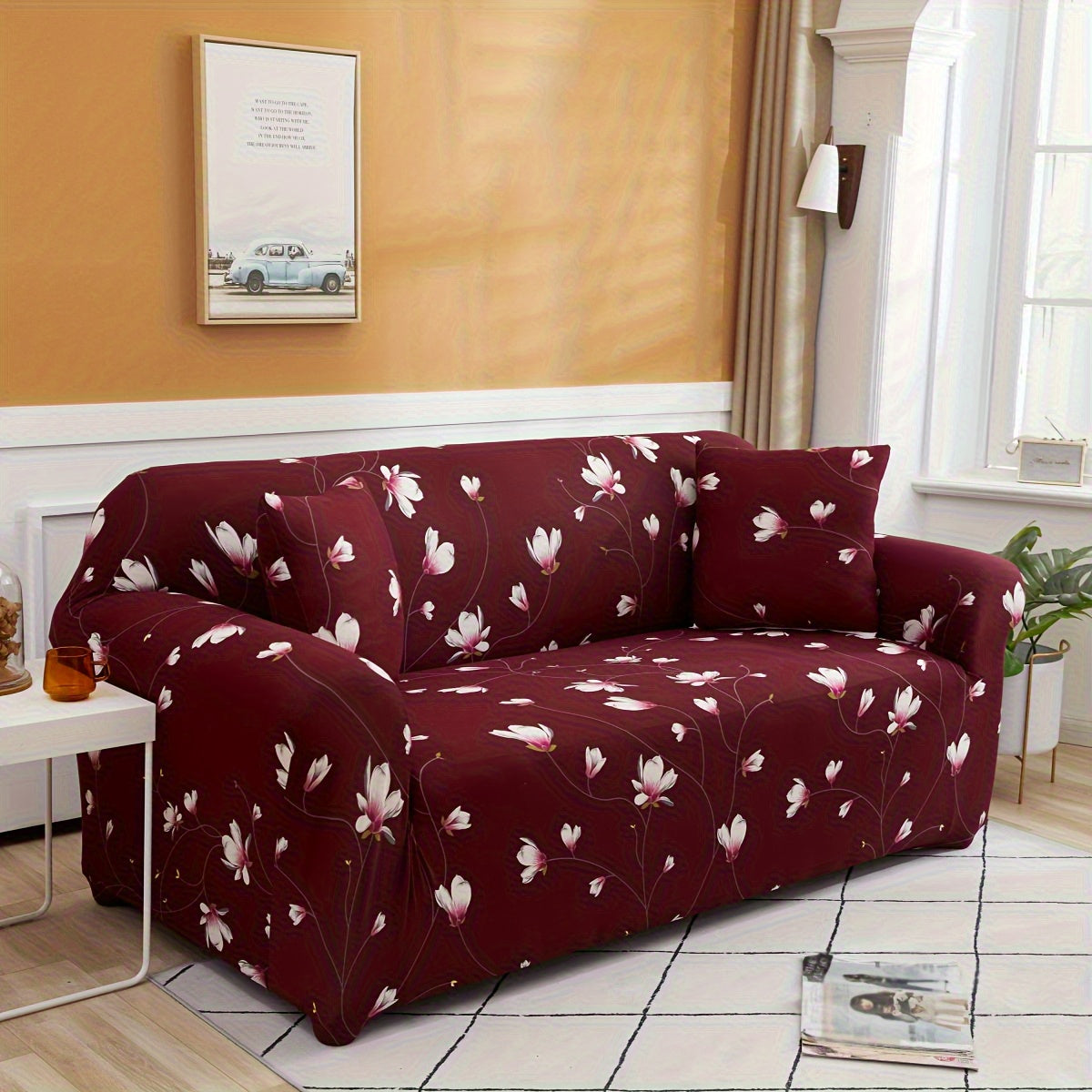 Modern Stretch Full-Size Sofa Cover - High-Stretch Polyester Blend, Non-Slip & Machine Washable, Digital Print Telescopic Fit for 1-4 Seater Sofas, Home & Office Dual-Use, Contemporary Style, Furniture Protector, Floral Pattern, Snug Elastic, Furniture Sl