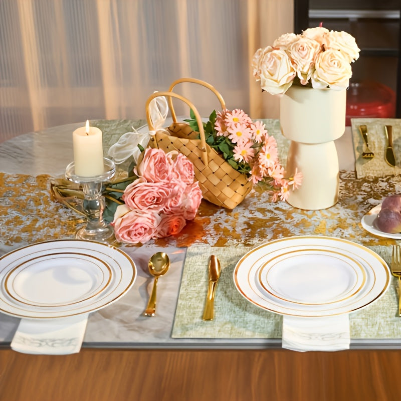 Set of 350/700 Golden/Silver Disposable Plates for 50/100 Guests, Disposable Plastic Plates for Parties, Wedding, Graduation, Birthday, Dinnerware Set of Dinner Plates, Salad Plates, Cutlery, Cups And Napkins