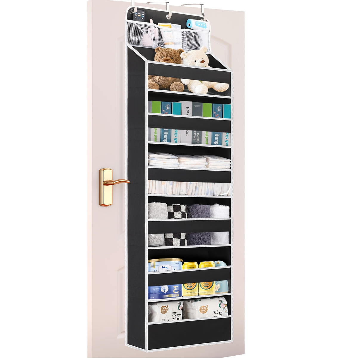 Over Door Hanging Organizer, No Tilt Closet Organizer for Diaper Shoes Over Door Storage Organizer with 6 Large Capacity Pockets for Newborn Essentials Nursery Bedroom Bathroom
