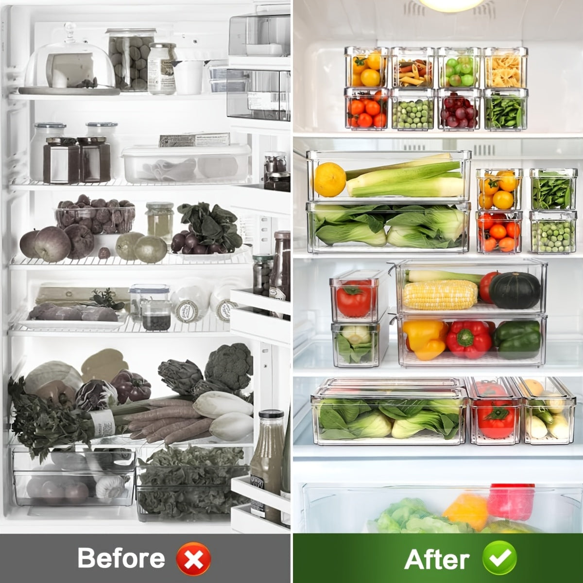 14 Pack Fridge Organizer, Stackable Refrigerator Organizer Bins with Lids, Fridge Organizers And Storage Containers for Fruit, Vegetable, Food, Drinks, Cereals, Clear