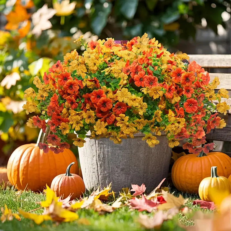 Artificial Chrysanthemum Bouquets, 8-Piece Mixed Autumn Flower Set with Orange-Inspired Fall Styling for Home, Porch, Garden and Wedding Decor