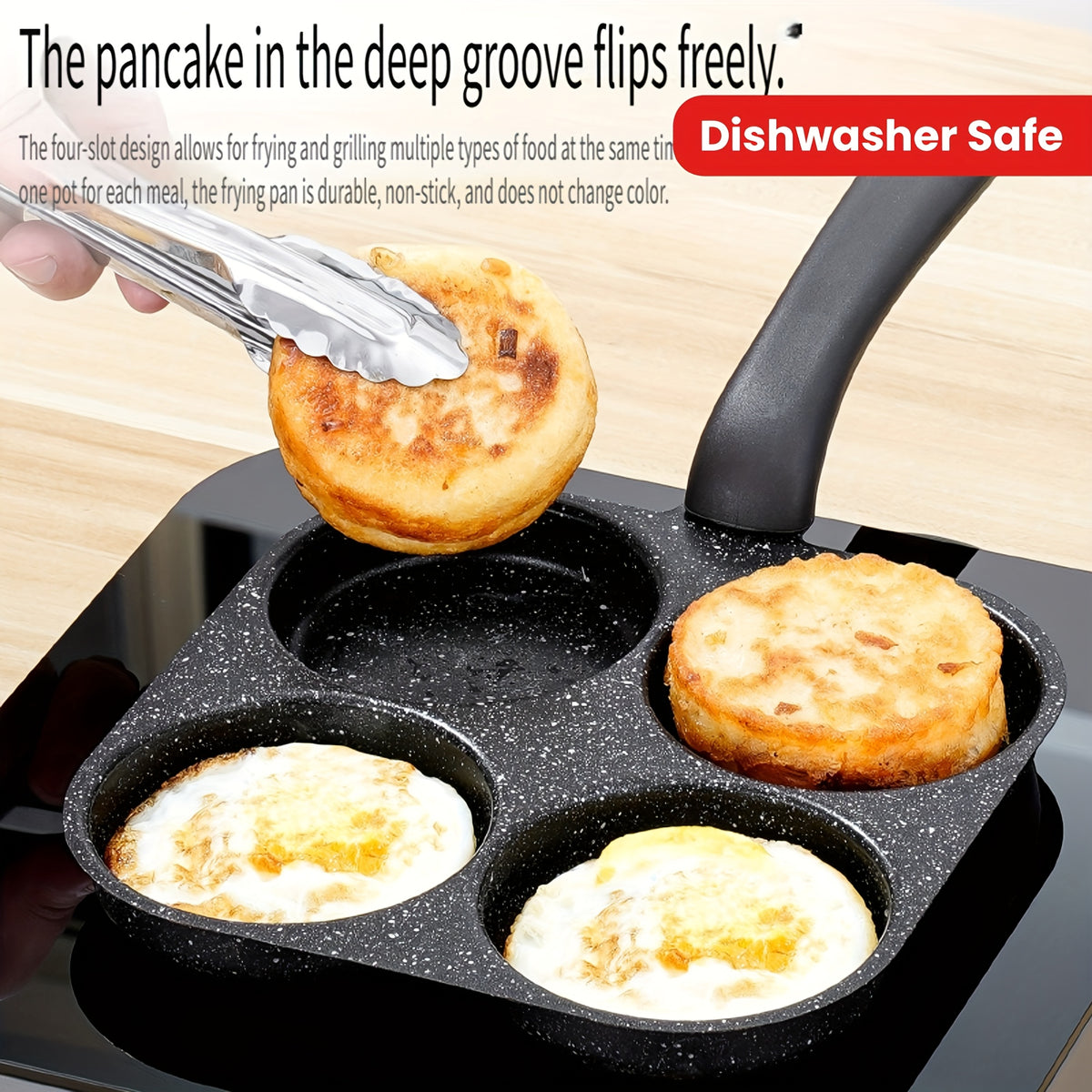 4-In-1 Cast Iron Omelette Pan, Non-Stick Single Handle Frying Pan, Dishwasher Safe, Compatible with Electric Stove, Kitchen Gadgets for Pancakes, Omelettes, Etc