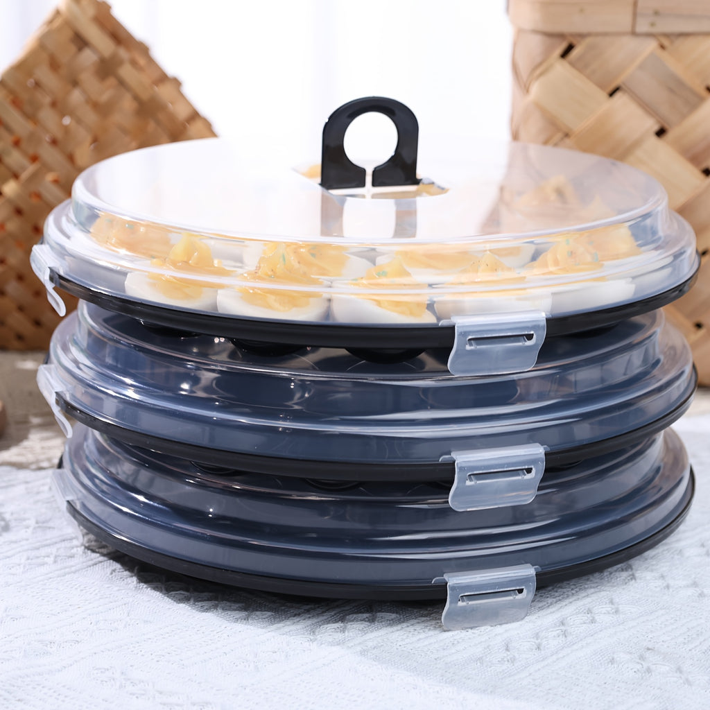 3pcs Deviled Egg Carriers For Kitchen, Black Plastic Round Egg Platters With Lid, 11.8Inch Portable Egg Tray With 66 Slots, For Large Capacity Kitchen Supplies For Valentine'S Day, Birthday Party, Family Gatherings, Wedding, Kitchen, Easter, Camping