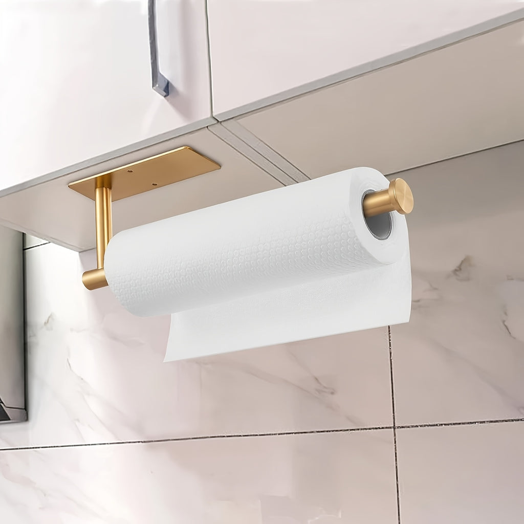 A Single Unit of a Paper Towel Holder Designed for Under Cabinets in The Kitchen, Made from SUS304 Stainless Steel And Can Be Mounted on The Wall Using Either Adhesive Or Screws. It Also Serves As a Rack for Bathroom Towels