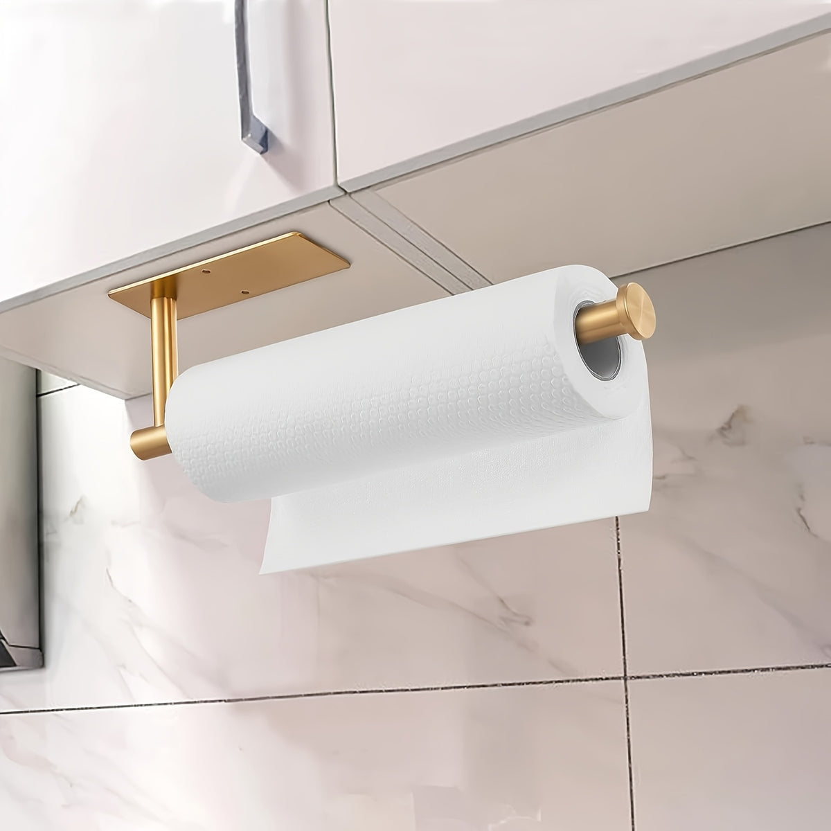 A Single Unit of a Paper Towel Holder Designed for Under Cabinets in The Kitchen, Made from SUS304 Stainless Steel And Can Be Mounted on The Wall Using Either Adhesive Or Screws. It Also Serves As a Rack for Bathroom Towels
