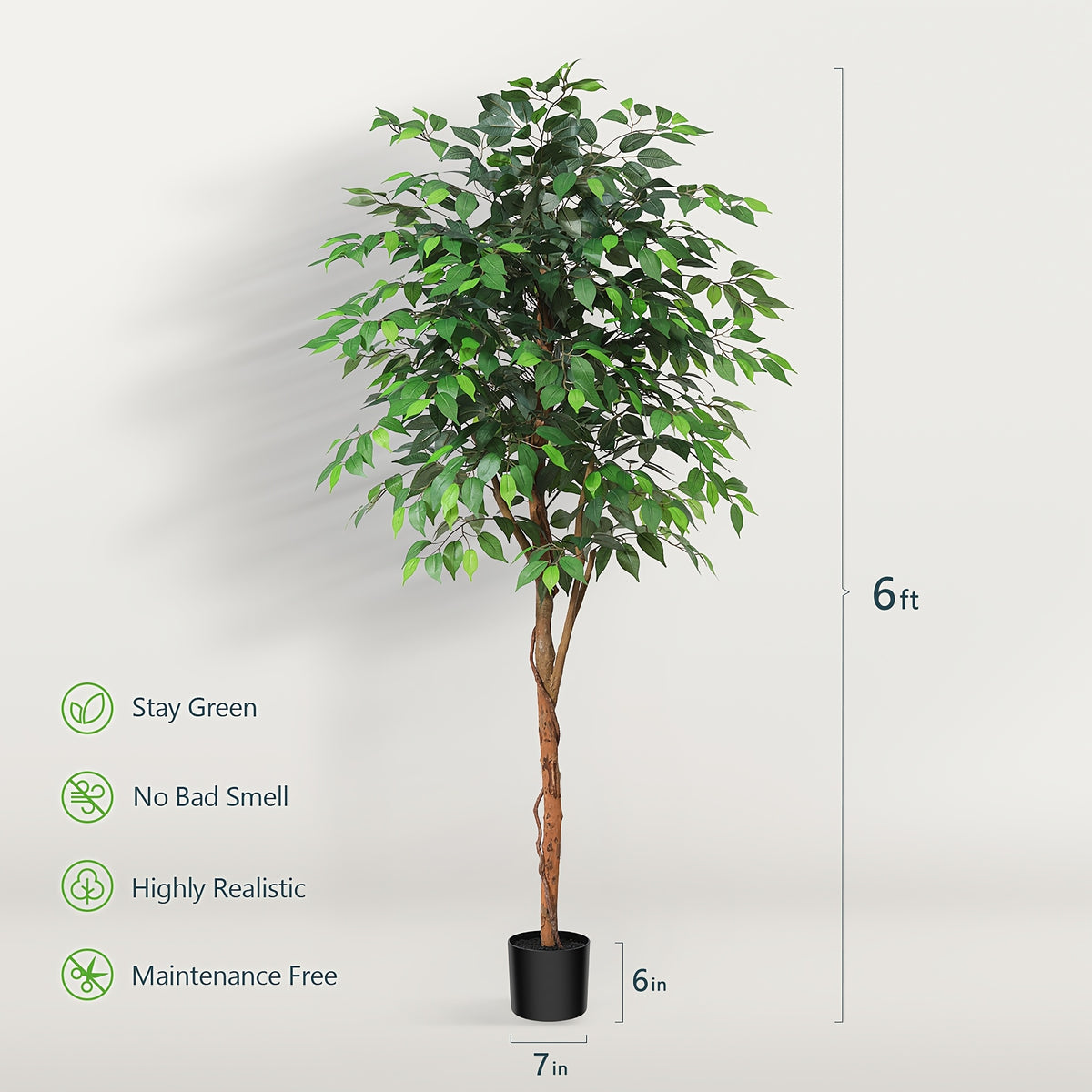 Tall Artificial Ficus Tree - Fake Greenery Potted Plant with Natural Wood Trunk And Lifelike Leaves-Elegant Indoor Outdoor Living Room Home Decor
