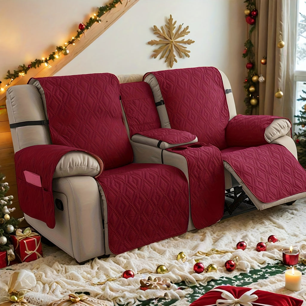 4pcs/set Loveseat Recliner Cover with CenterConsole|100% Waterproof Pet Coverfor Dual Recliner with Straps Design|Split Reclining Loveseat Cover Furniture Pet Protector, Valentine's Day Home Decorations