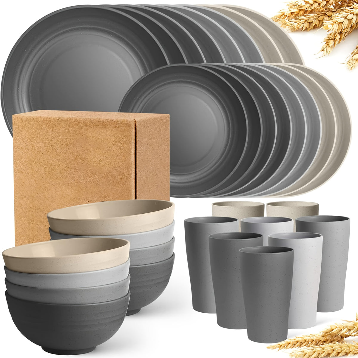 [Unbreakable Dinnerware Set] 32/16/4pcs Wheat Straw Dinnerware Set | Service for 8/4, Large Size Modern Dish Set-Plate/Dessert Plate/Bowl/Cup, Lightweight Tableware, Perfect for Camping, Gifts for Christmas/Halloween, Local Warehouse Items