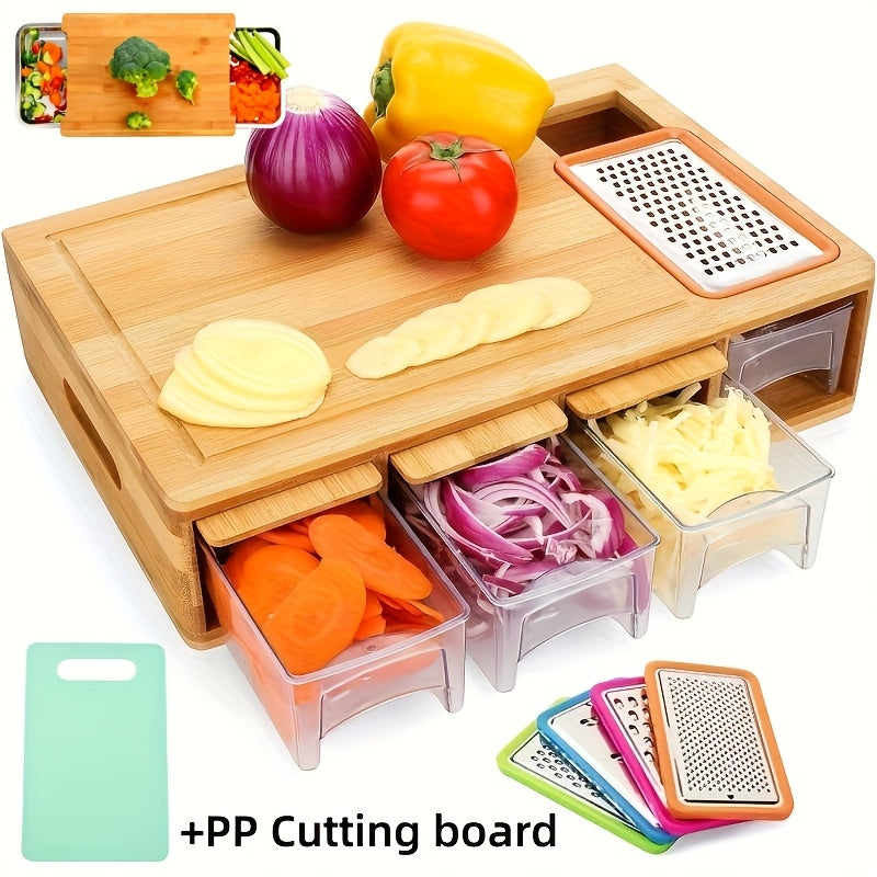 One Durable Bamboo Cutting Board Featuring Four Drawers Or Two Stainless Steel Trays, Designed with a Food Sliding Opening. This Carving Board Comes with Trays for Food Storage, Transport, And Easy Cleanup, Making It an Ideal Christmas Gift