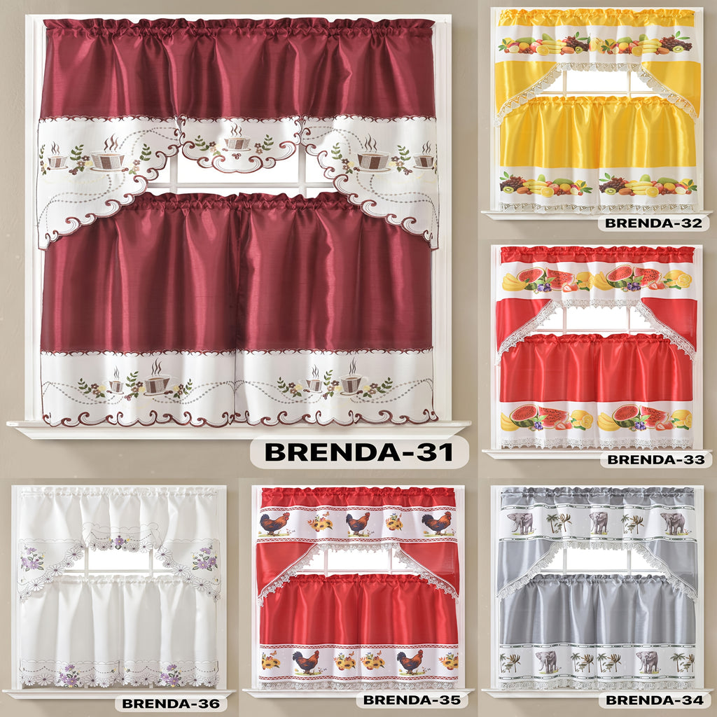 3pcs Bamboo Embroidered Kitchen Curtain Set, Floral Embroidery, Lightweight and Soft, Easy Care, Machine Washable, Satin Fabric, Embroidered