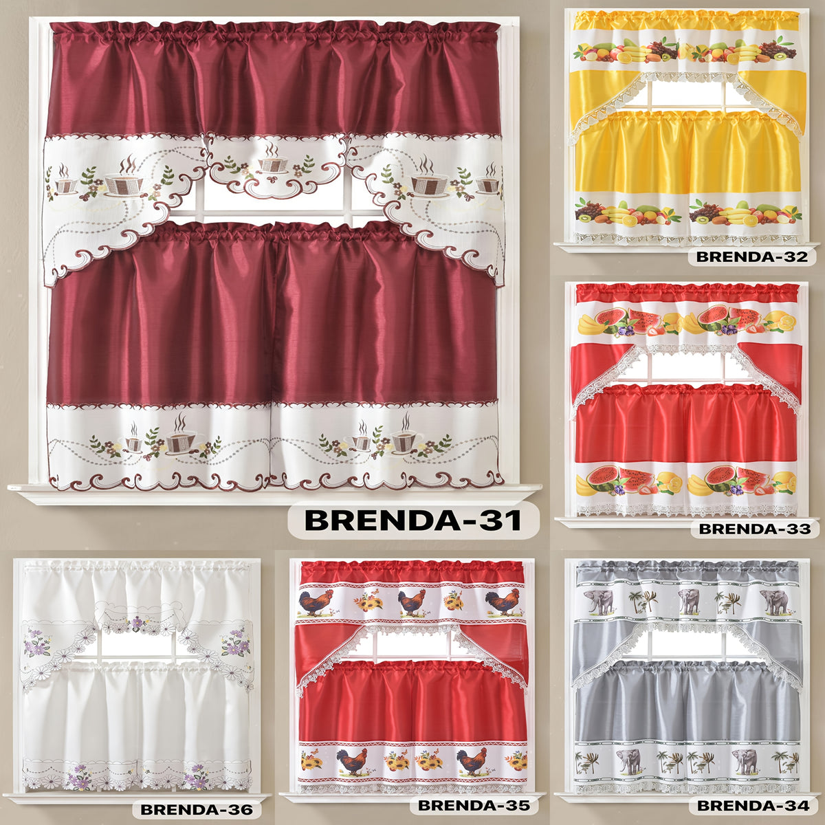 3pcs Bamboo Embroidered Kitchen Curtain Set, Floral Embroidery, Lightweight and Soft, Easy Care, Machine Washable, Satin Fabric, Embroidered