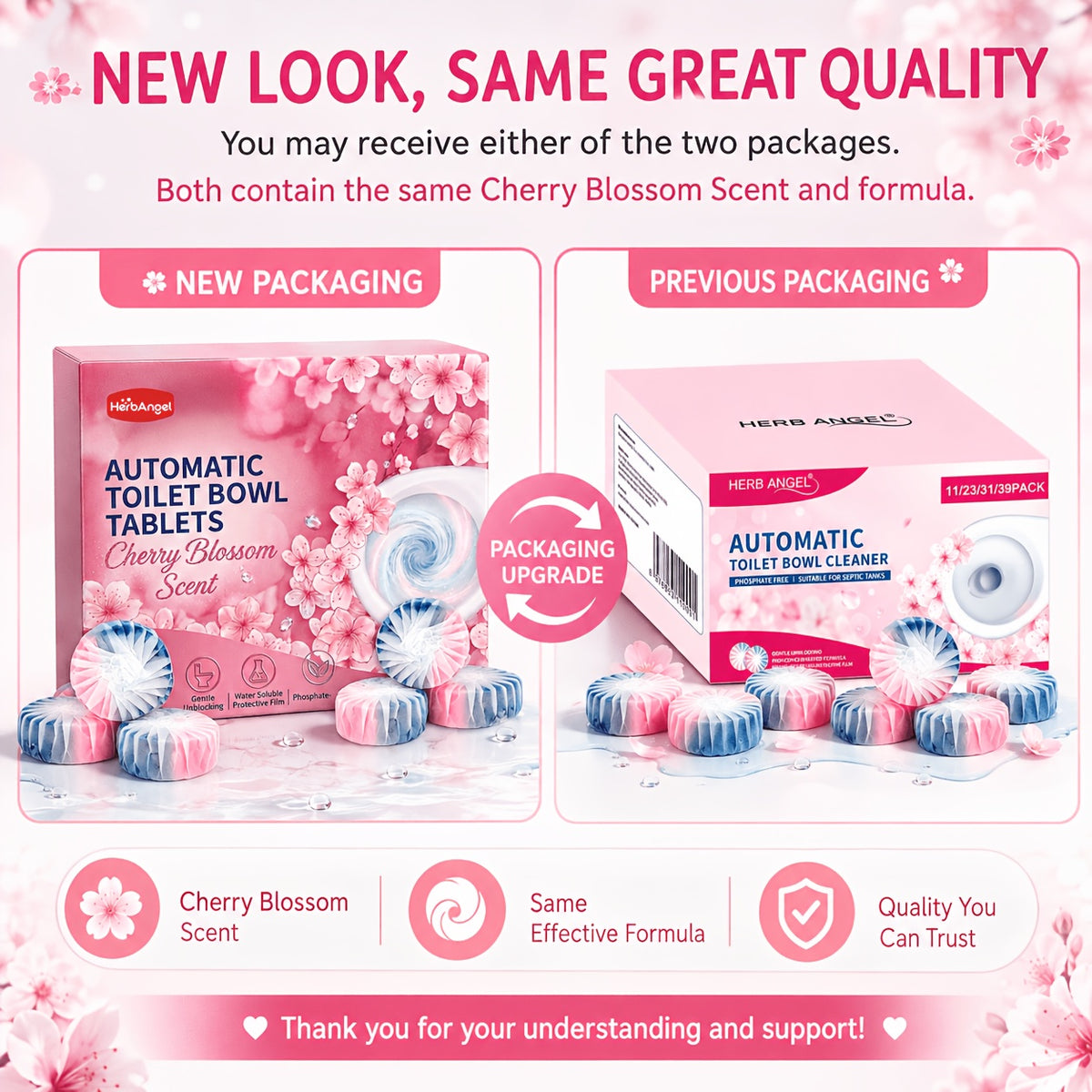 Automatic Toilet Bowl Tablets Suitable for Household Toilets - Cherry Blossom Scent Suitable for Plastic Tank Cleaners, Dual Color Water Soluble Film with Urine Scale Remover, Long Lasting Fragrance Tablets for Deep Stain Elimination