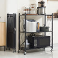 Foldable Storage Rack with Wheels, Black 3-Tier Iron Shelving Unit for Kitchen Essentials, Garage Supplies and Multipurpose Home Organization