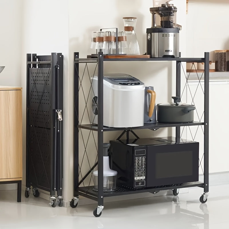 3-Layer Foldable Storage Rack with Wheels | High Load-bearing Capacity, Suitable for Garage and Kitchen Use, Black Iron Shelving Unit, Practical and Multipurpose, Utility Racks