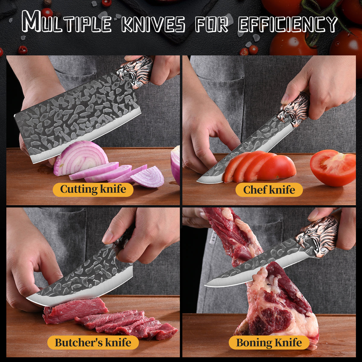 7pcs Chef Knife Set, Hand Forged Damascus Style Blade with Brown Wood Handle, V-shaped Sharp Blade, Suitable for Meat, Fish, Vegetables, Fruits, Professional Kitchen Knives, Suitable for Home Chefs And Chefs (ideal Gift) - Ergonomic Grip