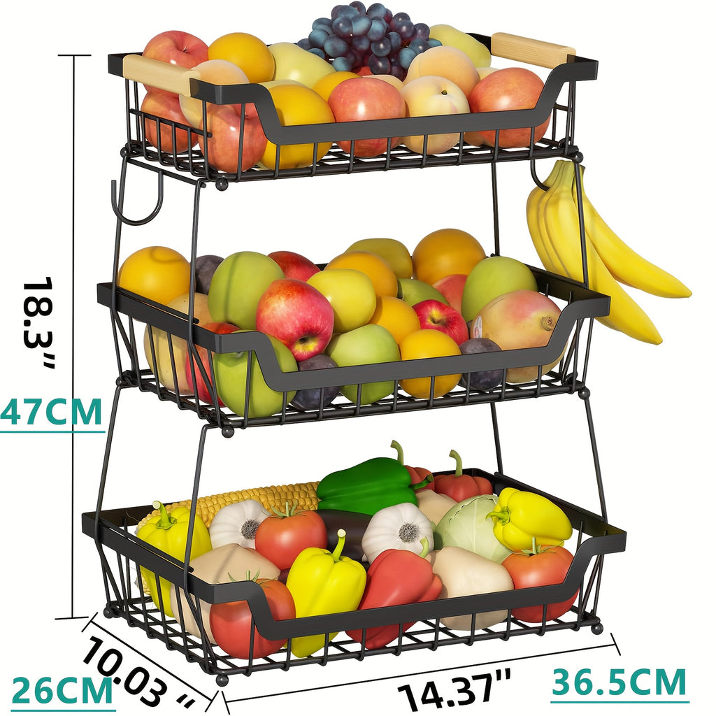 2-Tier Countertop Fruit Basket with 2 Banana Hangers for Kitchen, Detachable Metal Organizer for Bread Vegetable Fruits with Wooden Handle, Large Capacity Rectangular Storage Stand Bowls, Black