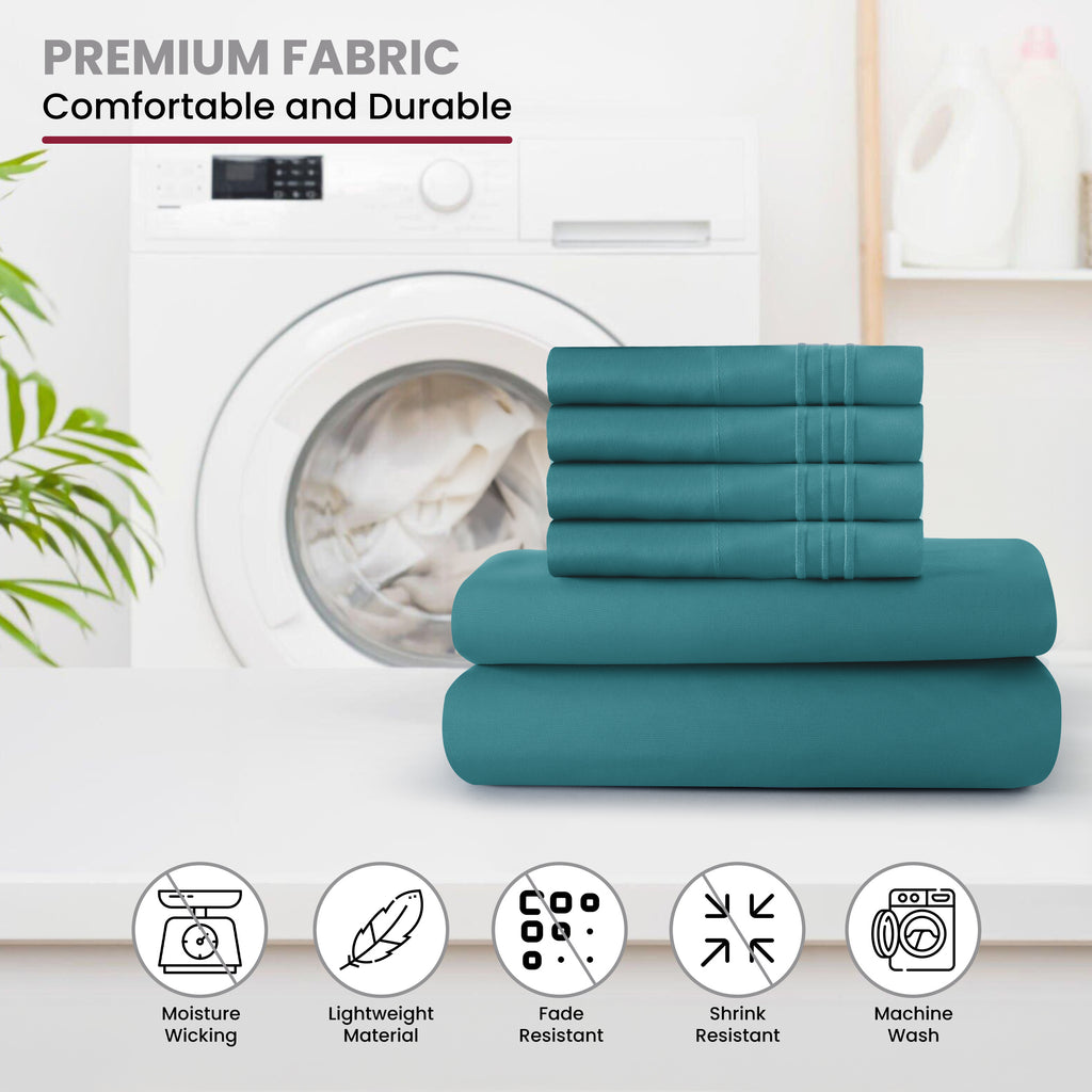 Lux Decor 6 Pieces Solid Bed Sheets Set - Modern Soft Comfortable Bedding Set, Hotel Luxury Skin Friendly Cooling Sheets & Embroidered Pillowcases Without Filler - All Seasons Bed Sheet with 16 Inches deep Pocket, Breathable Skin Friendly & Cooling Sheets