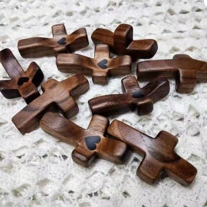 20pcs Black Walnut Thumb Crosses - Handcrafted Natural Wood Religious Hand Ornaments for Christmas, Easter, Thanksgiving, Indoor Home & Office Decor, Religious Christmas Decorations, Simple Elegant Design, Detailed Carving