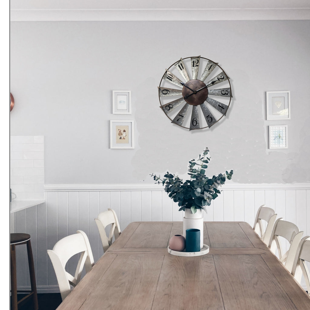 Windmill Wall Clock, 24 Inch Galvanized Metal Farmhouse Analog Clock with 3D Blade Design and Battery Operation for Living Room, Kitchen and Dining Room