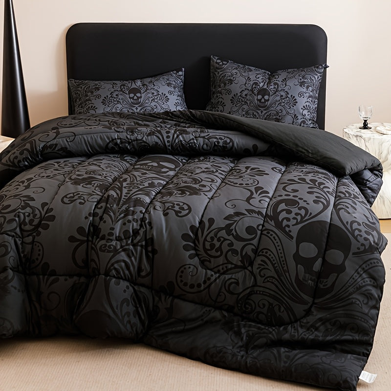 2D Flat 3pcs Black Gray Design Skull Quilt Set (1 Comforter +2 Pillowcases Without Pillow Core), Contains Padding 180gsm Quilting Soft Ventilate Digital Printing Bedroom Dormitory At Home Room Decor Back-to-School Season Valentine'S Day Gift-Giving