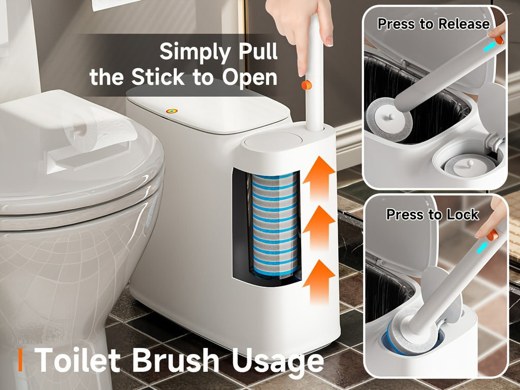 2-In-1 Trash Can with Toilet Brush And Brush Head | White Rectangular Modern Bathroom Narrow Seam Trash Can with Push-On Lid, Disposable Toilet Brush, Ivory, Bathroom Decor And Additions, Floor Mount, Plastic, JOYBOS