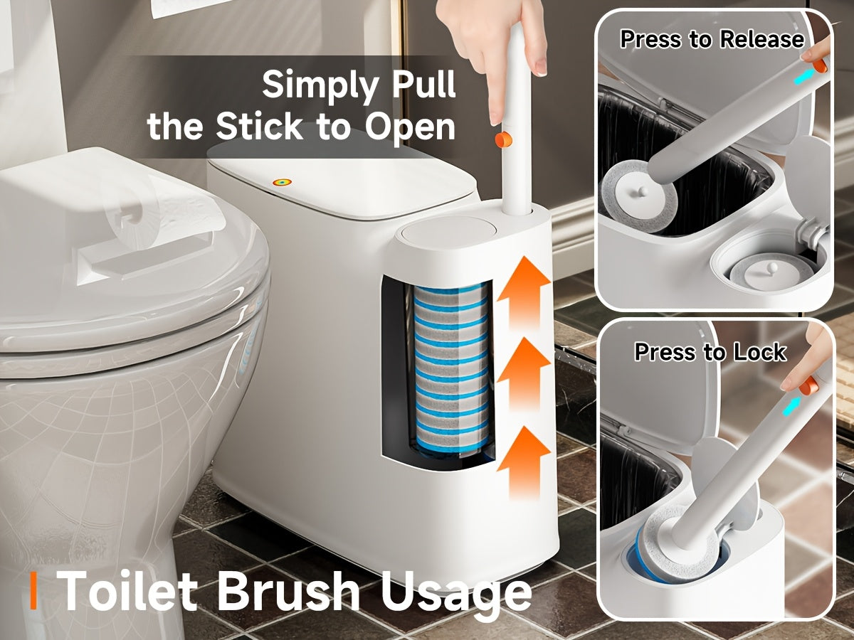 2-In-1 Trash Can with Toilet Brush And Brush Head | White Rectangular Modern Bathroom Narrow Seam Trash Can with Push-On Lid, Disposable Toilet Brush, Ivory, Bathroom Decor And Additions, Floor Mount, Plastic, JOYBOS