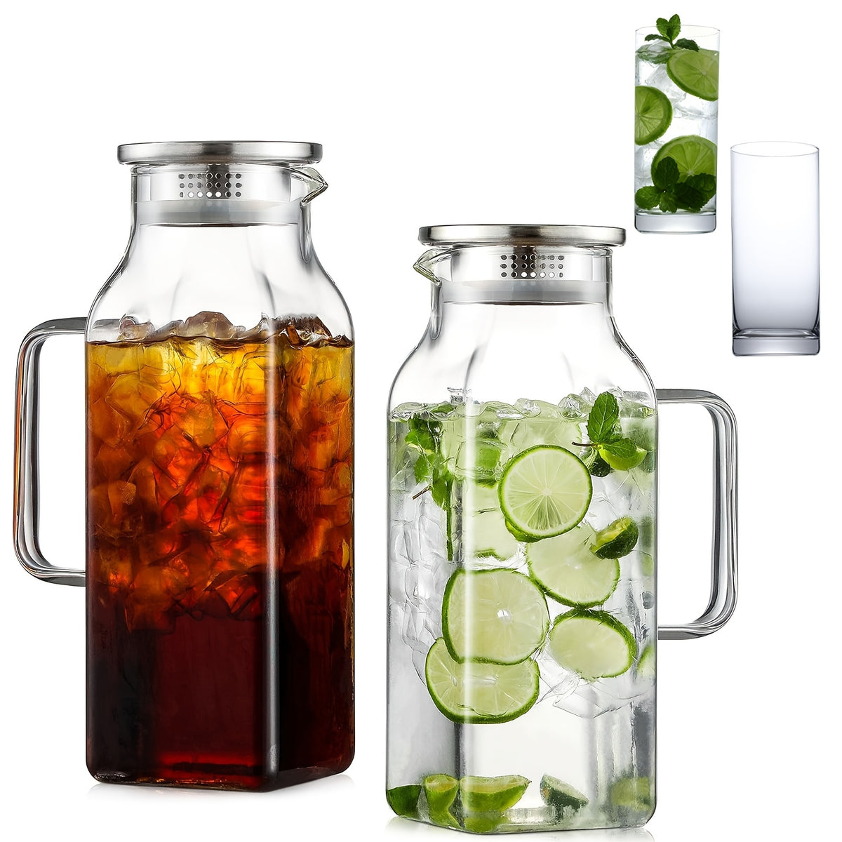 1/2 Pack 2 Liters/68 Oz Square Glass Pitcher with Lid And Handle for Fridge, Iced Tea And Coffee Carafe Beverage Serveware, Heat Resistant Borosilicate Water Jug for Hot/Cold Drinks And Milk, 304 Stainless Steel