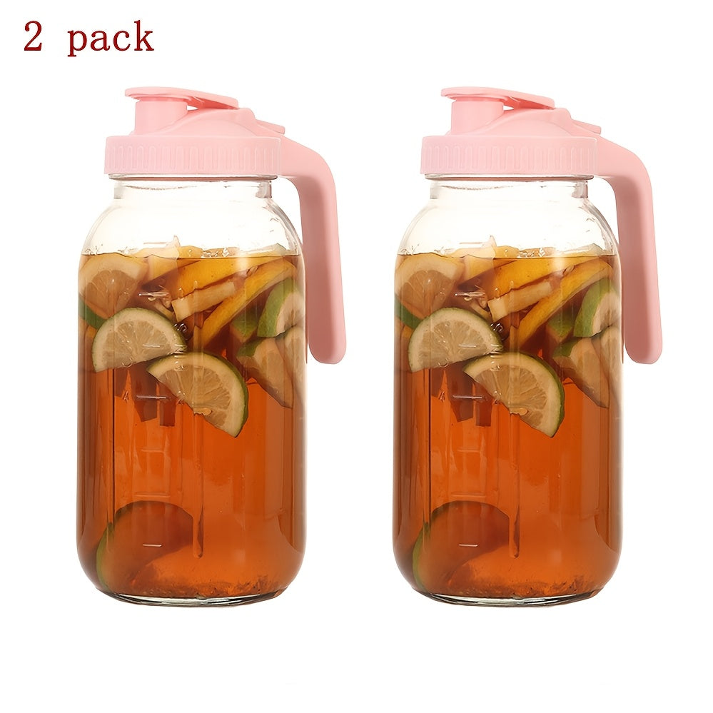 Grinkwell 64Oz Mason Jar with Handle And Lid, 2/3 Pack, Bpa-Free High Borosilicate Glass, Sports And Outdoor Beverage Carafe, Leak-Proof, for Ramadan, Christmas, New Year