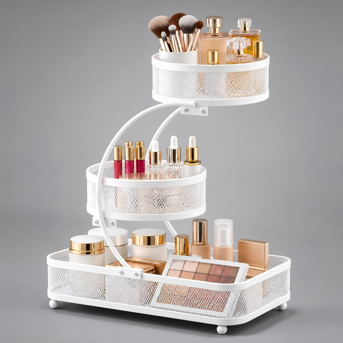 3-tier Metal Bathroom Storage Rack, Includes A Spray Bottle | Hooks - Space-saving Countertop Organizer For Cosmetics, Skincare, And Toiletries | Rust-resistant Diamond Mesh Design | Sturdy And Durable, Suitable For Vanities, Bathrooms, Wardrobes