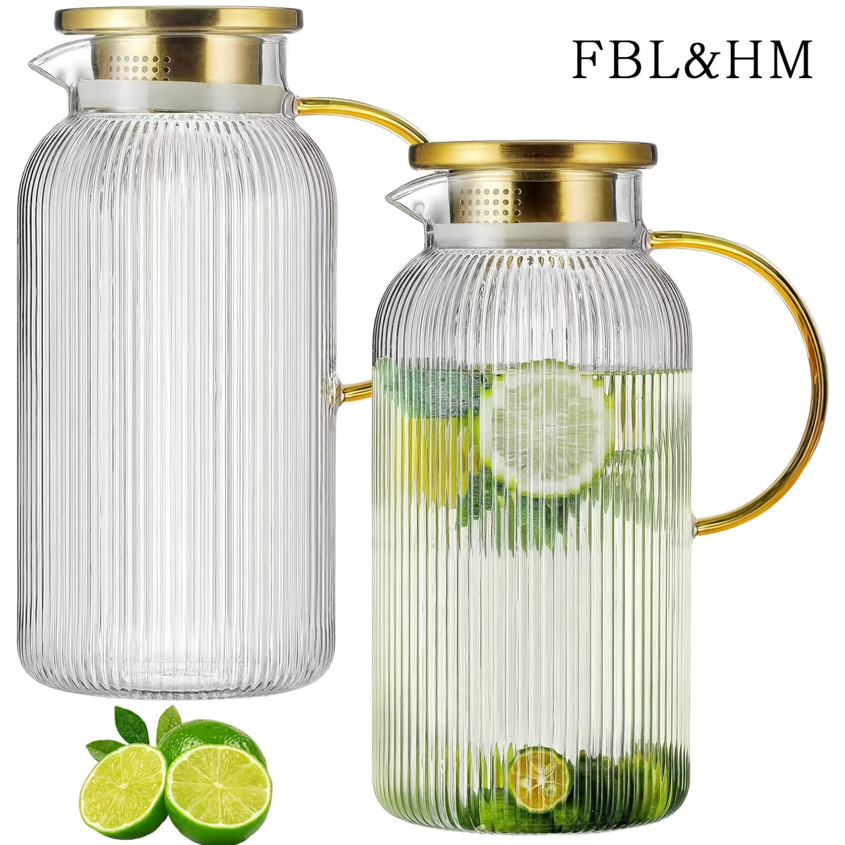 FBL&HM 2/4 PACK Glass Pitcher With 304 Stainless Steel Lid, 68 Oz/ 2 Liter Classic Vertical Stripes Water Pitcher, Glass Water Carafe For Cold Brew, Coffee, Lemonade, Iced Sun Tea, Beverage, Milk, Heat Resistant