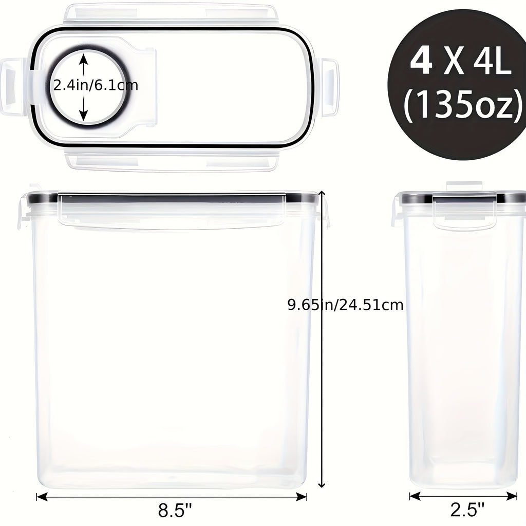 4 Pack (4L/135oz) Extra Large Airtight Storage Containers | BPA-Free Plastic, Clip-on Closure, Square Shape, Dishwasher Safe, Ideal for Grain, Nuts, Rice Storage, Kitchen Organizers, Christmas Gift