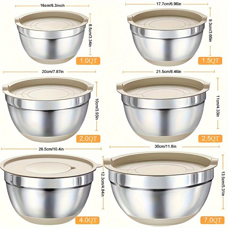 Mixing Bowls with Airtight Lids, 26pcs Stainless Steel Bowls Set, 3 Grater Attachments & Black Non-Slip Bottoms Size 7, 4, 2.5, 2.0, 1.5, 1QT, Great for Mixing & Serving