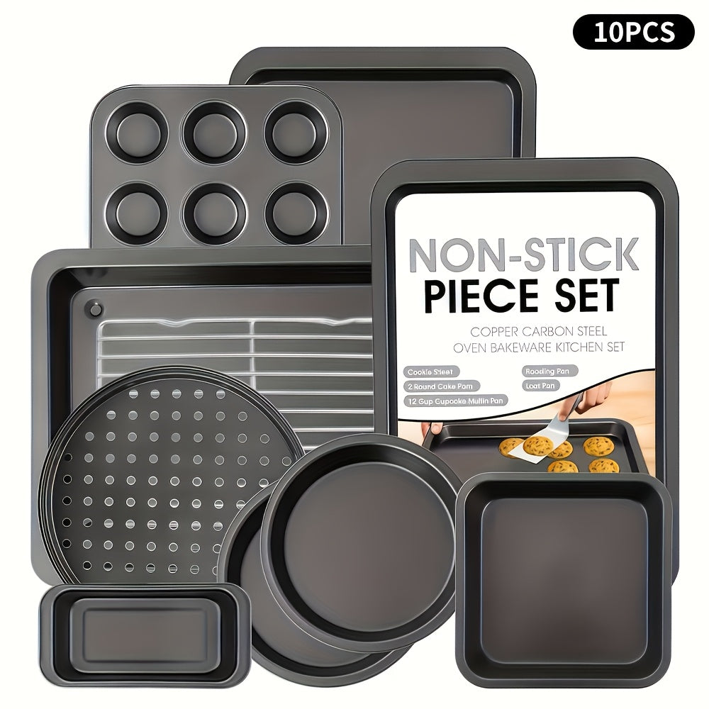 5/6/10pcs Non-Stick Bakeware Set, Baking Pan Set with Rack, Round Cake Pan, Square Cake Pan, Bread Pan, Muffin Pan, and Roasting Pan, Storage Rack, Bakeware Set, Dishwasher Safe, Easy to Clean, Oven Safe