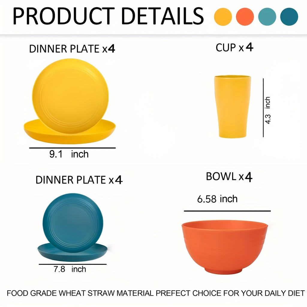 32/16pcs Wheat Straw Tableware Set, Round Plates, Dessert Plates, Bowls And Cups, Unbreakable Plates And Bowls Set, Service for 8/4, Dishwasher Safe, Durable And Lightweight And Easy-Clean for Kitchens, Rvs, Camping, And Outdoor Use