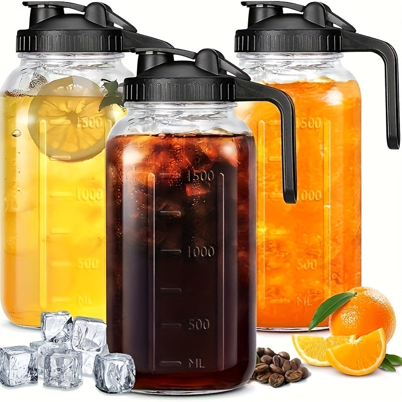 2/3-Pack, 64oz Mason Jar with Measurement Markings, Mason Jar Set, Cold Water Pitcher, Glass Pitcher with Handle and Lid