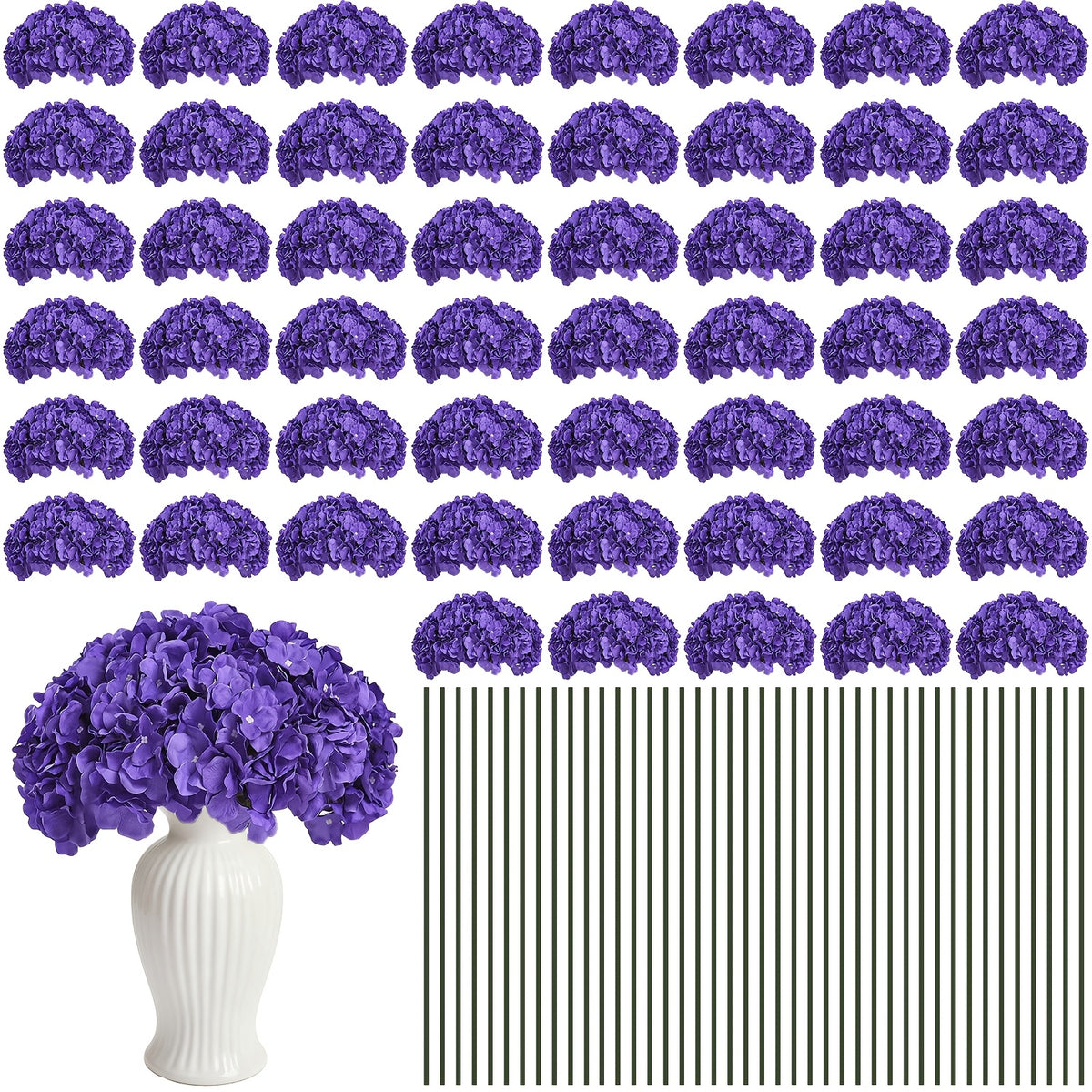 Set of 24 Synthetic Hydrangea Blooms with Stems, Ideal for Wedding Decorations, Home Parties, Baby Showers, And Store Displays. These Floral Arrangements Are Long-Lasting And Can Be Reused, Available in White, Orange, Blue, Dreamy Purple, Champagne