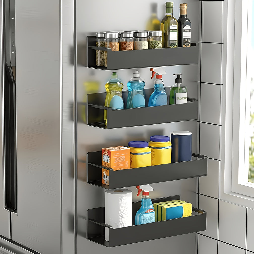 Magnetic Refrigerator Spice Rack, 2 or 4 Piece No-Drill Storage Organizer in Black or White for Kitchen Essentials and Compatible Appliance Surfaces