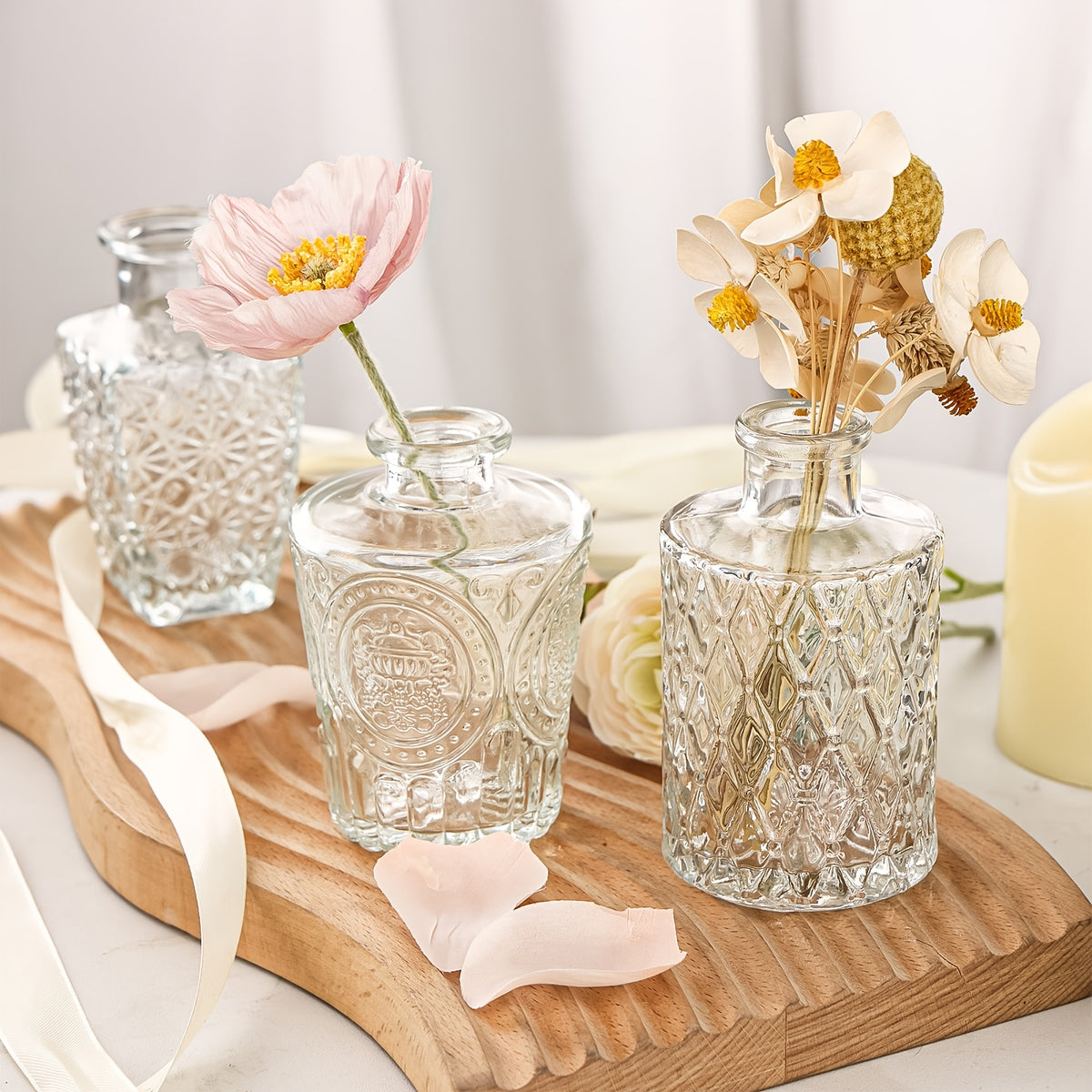 Clear Glass Bud Vases in Bulk, 45 or 64 Piece Vintage Textured Small Flower Vase Set for Rustic Wedding Centerpieces and Home Table Decor