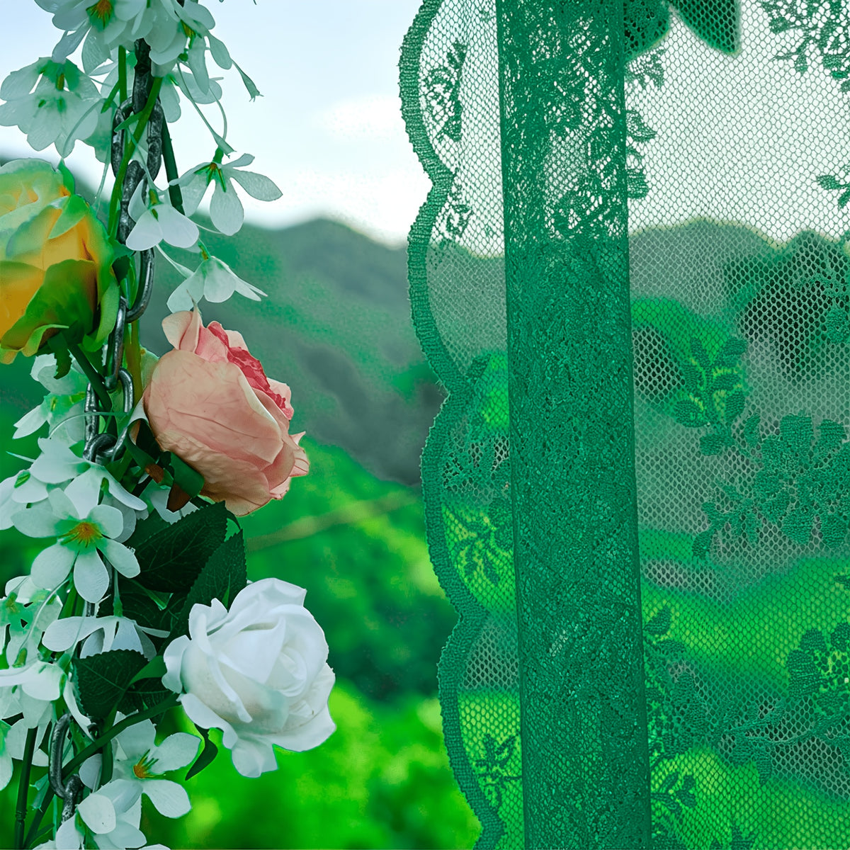 Romantic Pastoral Lace Sheer Curtain for Balcony and Office, Translucent Window Drapery with Floral Pattern, Machine Washable Polyester, Rod Pocket Design - 1pc
