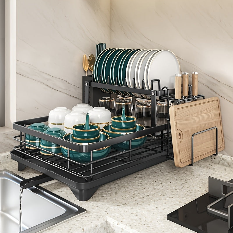 [Large Dish Drying Rack] 1pc Large 2-Tier Carbon Steel Dish Drying Rack with Drainboard, Glass & Utensil Holders, And Extra Drying Mat - Rust-Resistant Metal Dish Drainer for Kitchen Countertop, Black