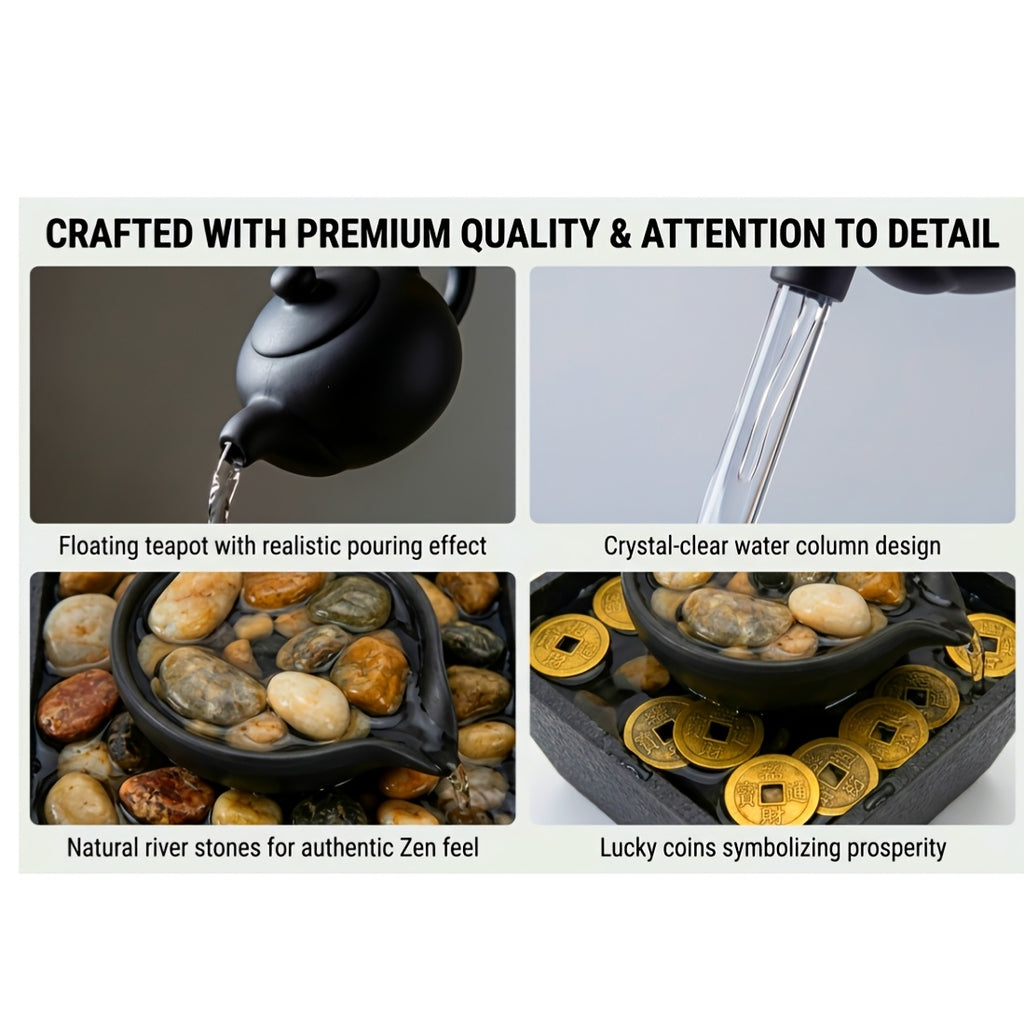 Four Tier Desktop Water Fountain, Indoor Tabletop Waterfall with LED Lights and River Stone Decor for Home Office and Meditation-Inspired Spaces