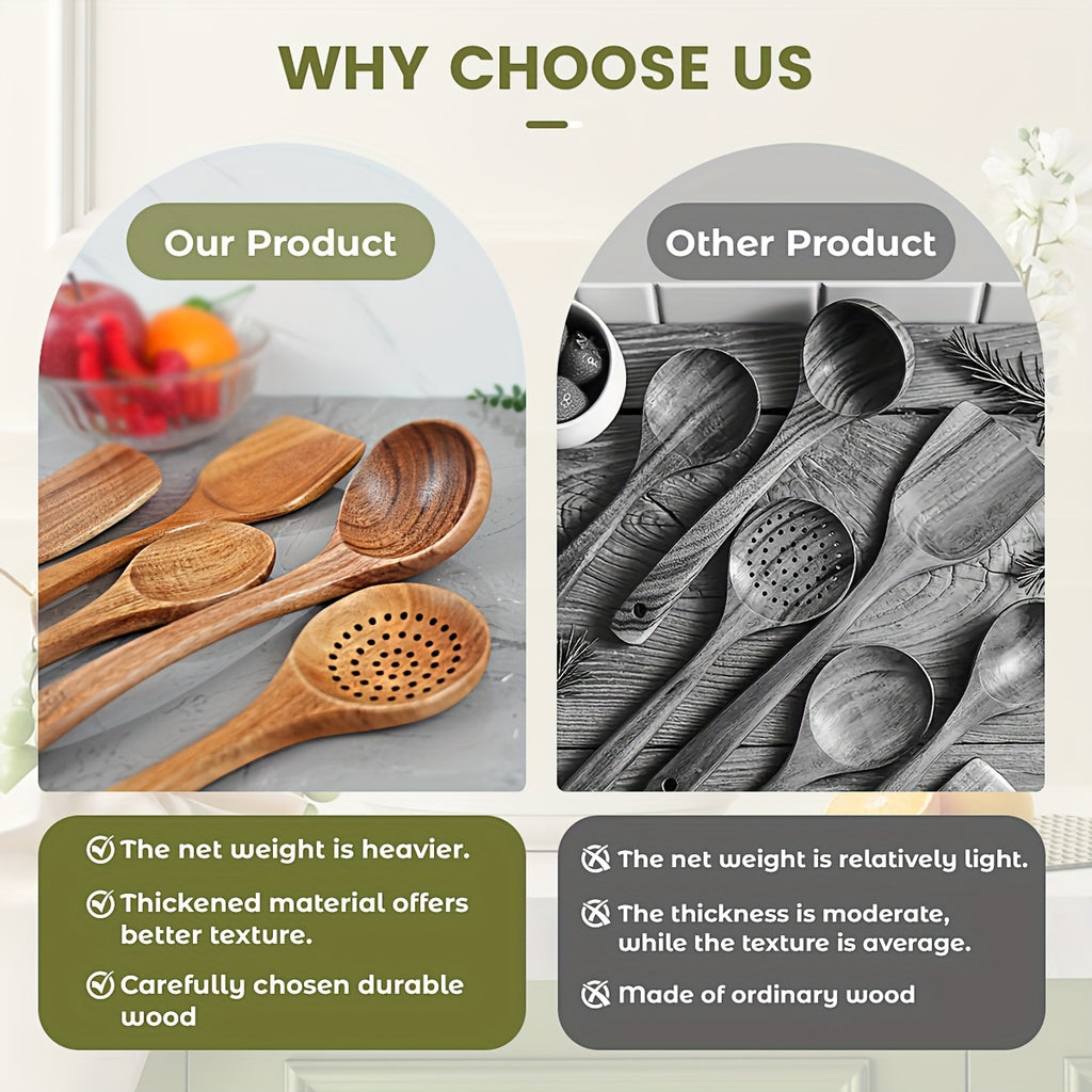 3/5/7Pcs Premium Wooden Kitchen Utensils Kit -Ergonomic Handles Natural Wooden Spoons Spurtle Ladle and Wok Spatulas Heavy-Duty Wooden Utility Set for Non-Stick Pans Heat Resistant Easy to Clean and Durable Kitchen Essentials Cookware Accessories