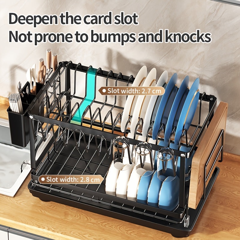 Two-tier Metal Kitchen Countertop Dish Rack Is Space-saving And Durable. It Comes with A Knife And Fork Holder, A Cup Rack, A Cutting Board Holder, And A Rust-proof Draining Tray. It Organizes Your Tableware And Helps Keep Your Kitchen Neat And Tidy.