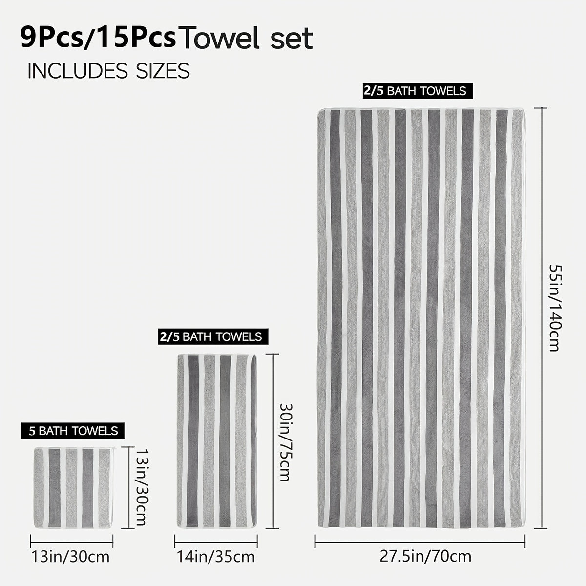 9/15pcs Classic Towel Set, No Hair Loss, Super Absorbent, Super Soft Two-Color Striped Interval Bath Towel Combination, Including 2/5 Large Bath Towels, 2/5 Large Face Towels, 5 Hand Towels, Bathroom Supplies, And Beach Essentials