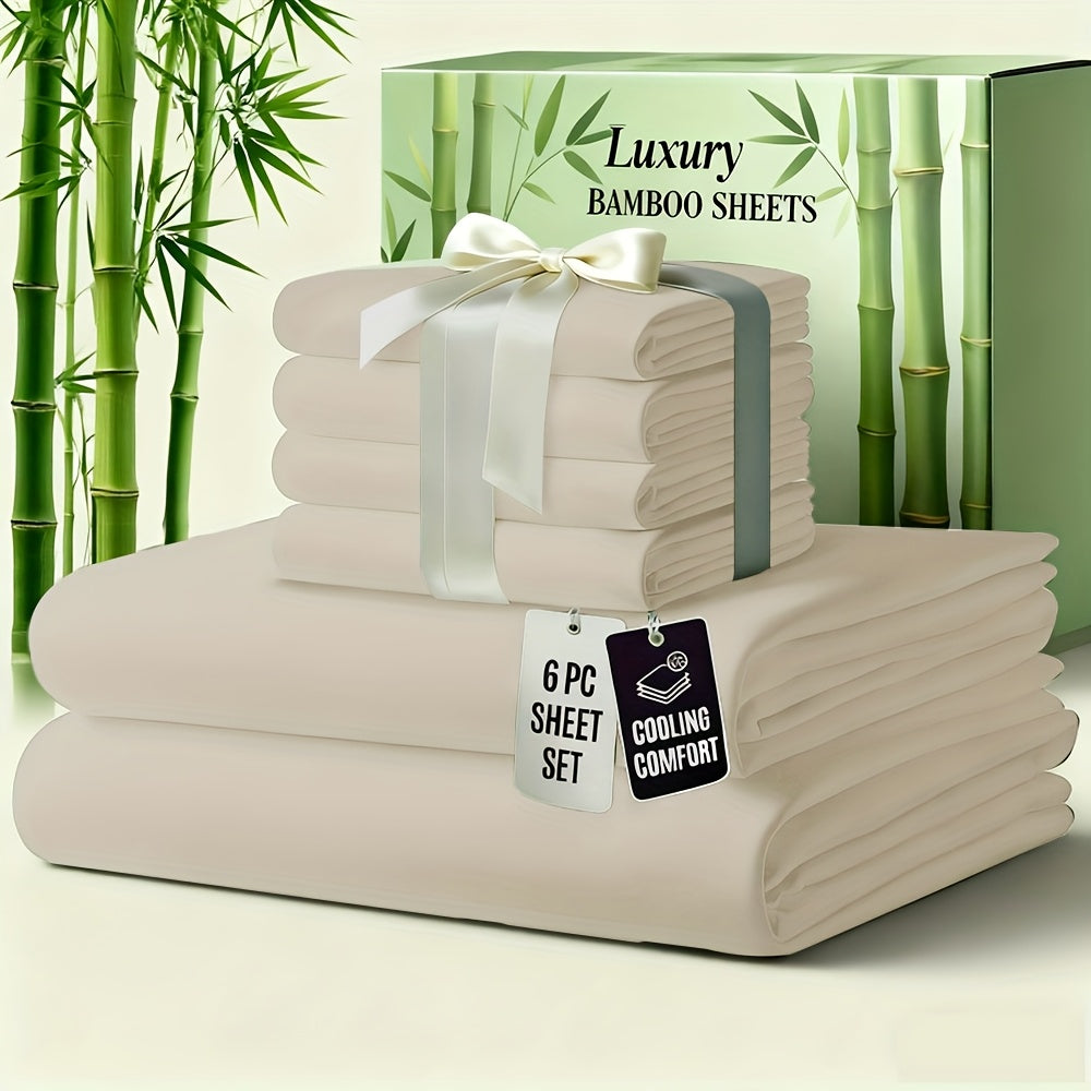 6pcs Luxury Bamboo Cooling Bed Sheet Sets - Viscose Derived From Bamboo Sheets Queen/King Size - Luxuriously Ultra Soft & Breathable Bedding Sheet Set - Deep Pocket Fitted Sheet with Bamboo Texture, Wrinkle-Resistant Soft Sheets