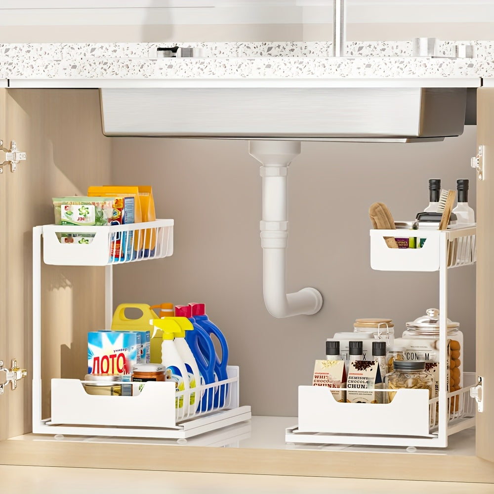 Sliding Under Sink Storage Rack, Two-Tier Metal Cabinet Organizer with Narrow Upper Basket and Pull-Out Lower Drawer in Black White or Gray, 1 or 2 Pack