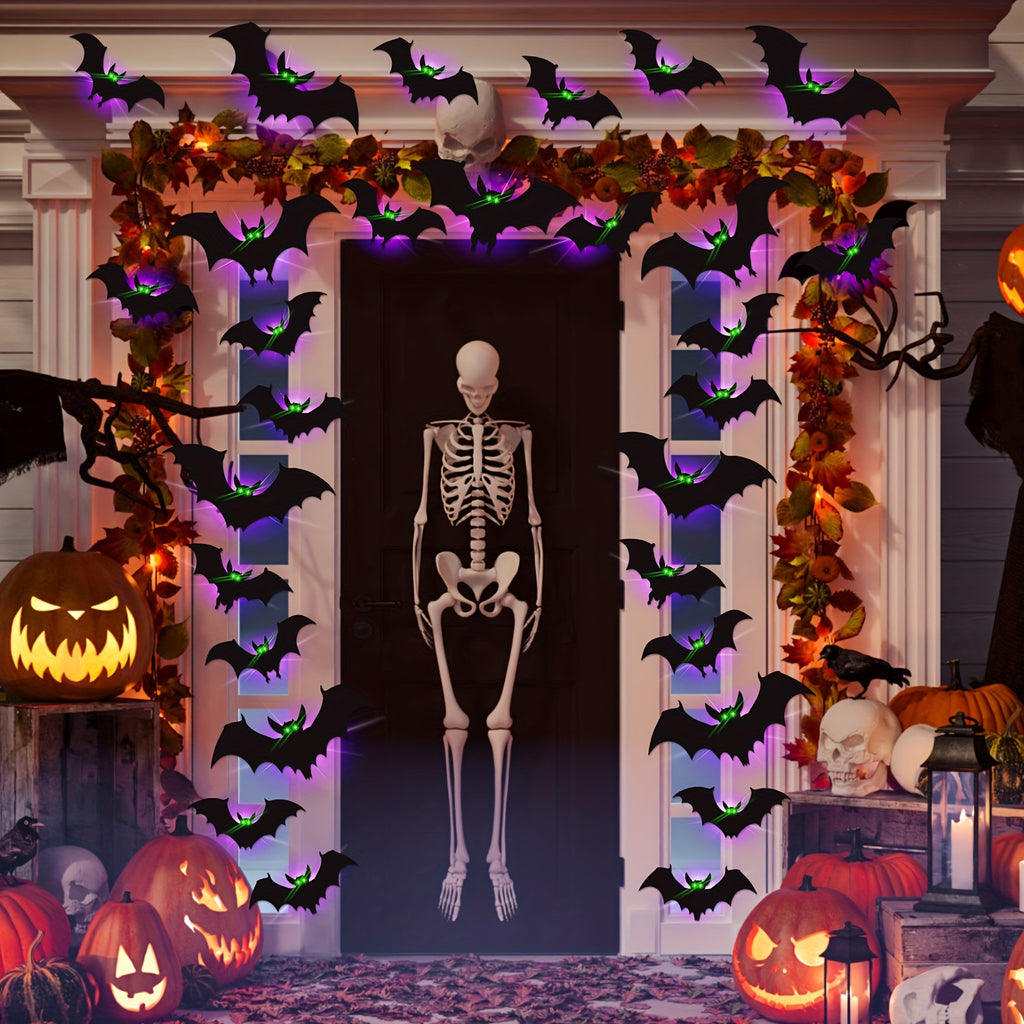 24 Packs Halloween Bats Decorations Wall Stickers with Glow in The Dark Eyes, 4 Different Styles Removable PVC Wall Bat Stickers for Indoor Outdoor Home Window Garage Decor Party Supplies