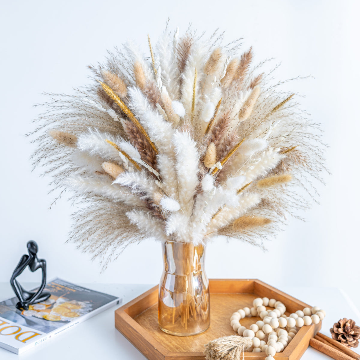 Dried Pampas Grass Decor, 120pcs Pampas Grass with Bunny Tails Dried Flowers, Reed Grass Bouquet for Wedding, Boho Flowers, Home Table Decor, Rustic Farmhouse Party
