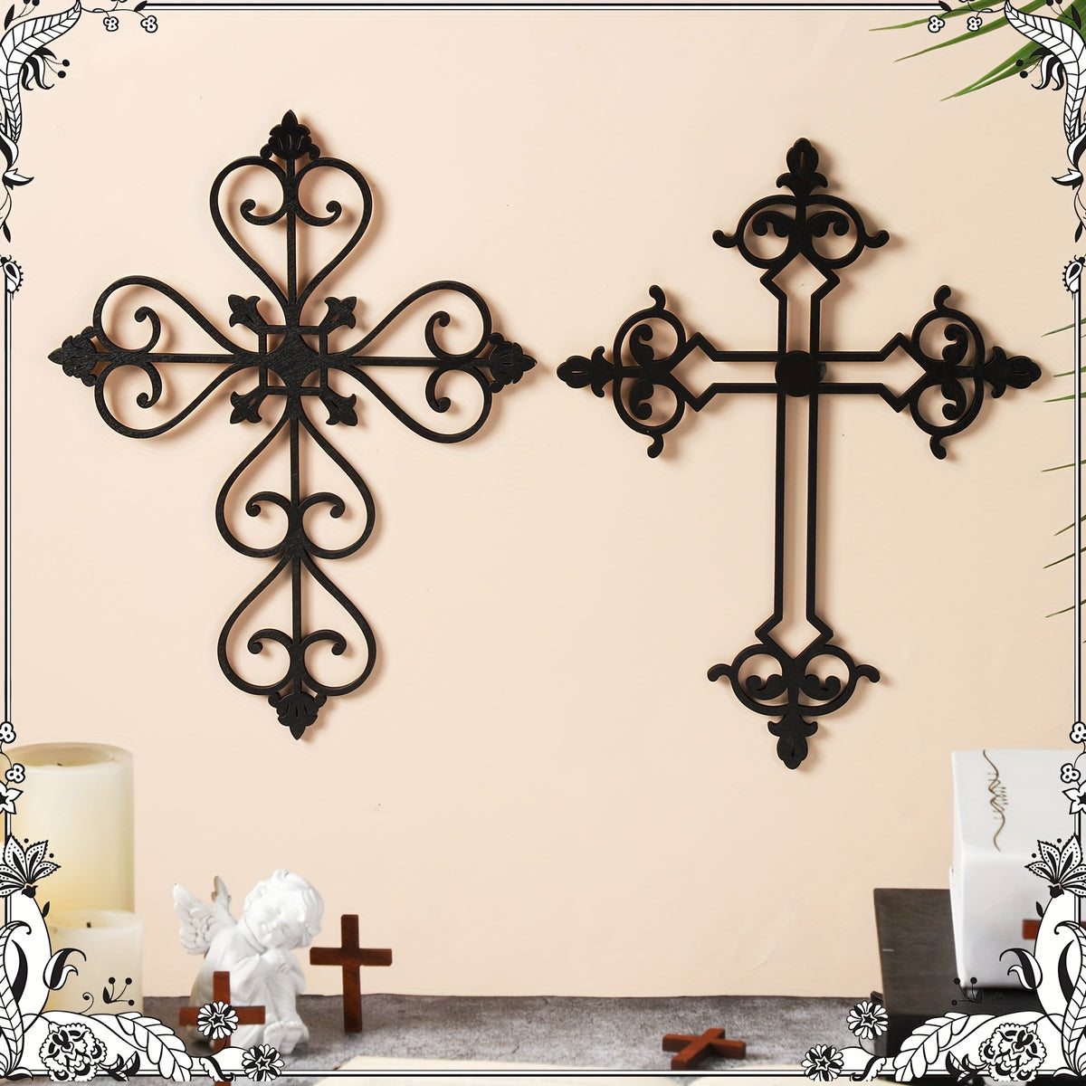 6pcs Wooden Wall Hanging Cross Vintage Hand Carved Wall Crosses Decor for Home Decor Decorative Cross Catholic Crucifix for Living Room, 12 X 8 Inch