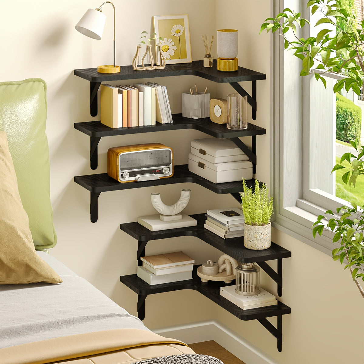 Corner Floating Shelf Set, 5-Piece Multi-Color or 6-Piece Black Wall Mounted Storage Shelves for Bathroom, Kitchen, Bedroom and Living Room Decor